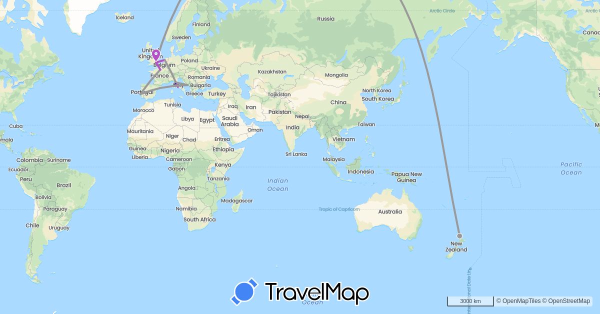 TravelMap itinerary: driving, plane, train in Spain, France, United Kingdom, Croatia, Italy, Netherlands, New Zealand, Portugal (Europe, Oceania)